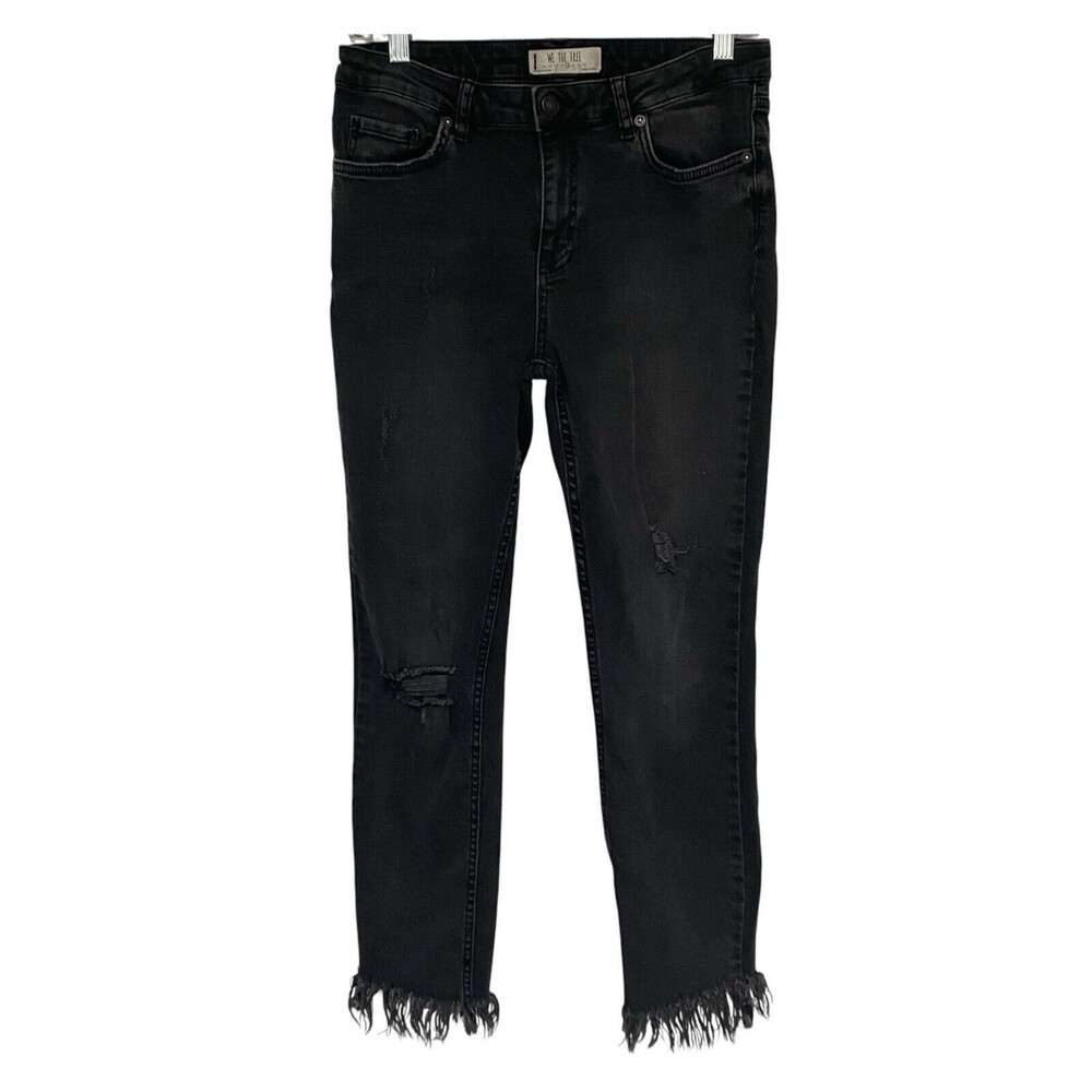 Free People Dark‎ Black Wash Distressed Raw Hem Stretch Skinny Jeans Size 28